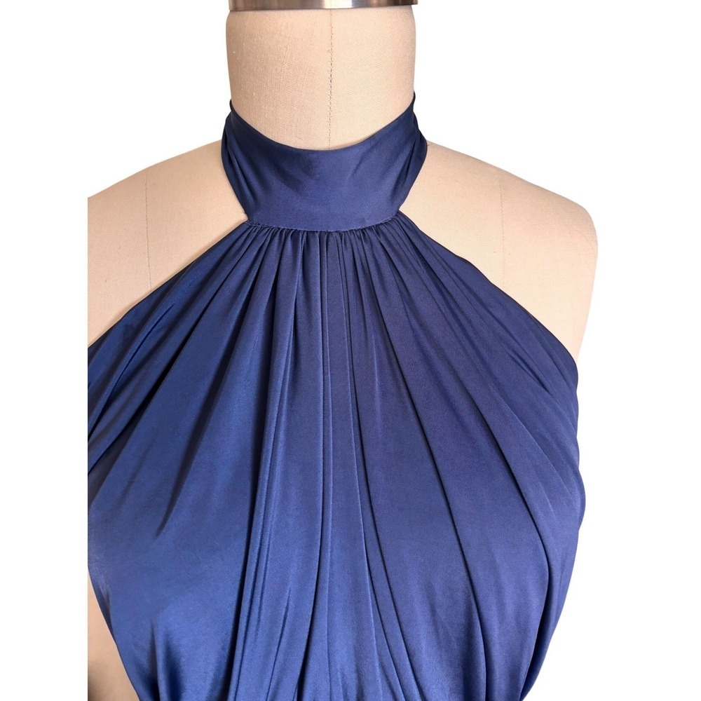 Nicole Bakti Navy Halter Maxi Dress Open Back Gold Belt Formal Gown - Picture 5 of 12